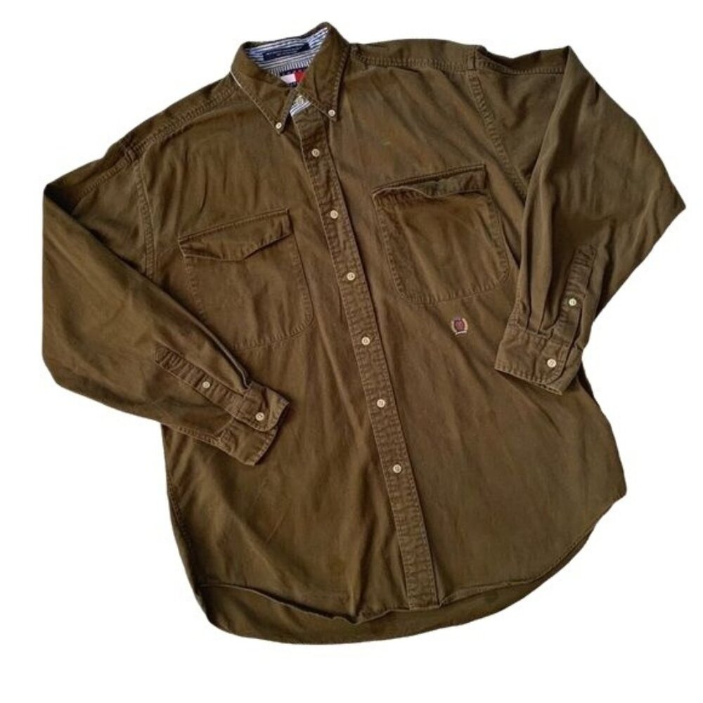 Vintage Grunge 90’s Olive Green Tommy Hilfiger Crest Logo Shirt M